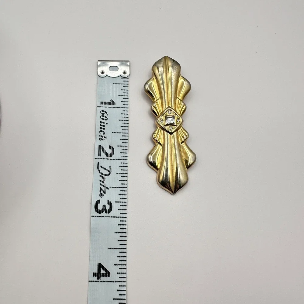 Vintage Rhinestone Bar Brooch Gold Tone Clear Crystal Statement Elegant Pin 90s